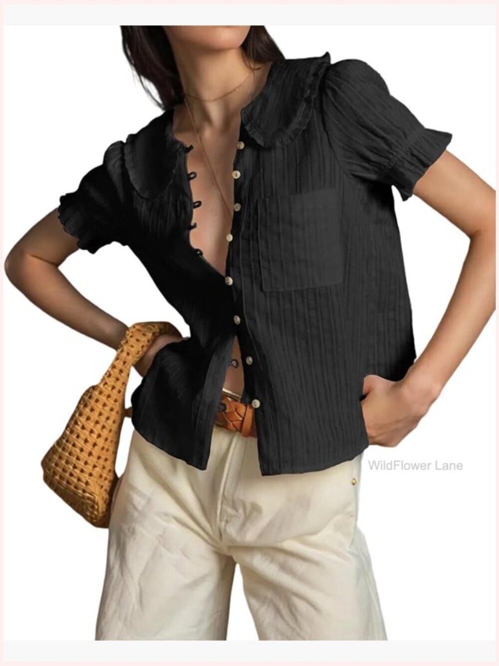 Peter Pan Collar Short Puff Sleeve Button Down Blouse Tops Summer Casual